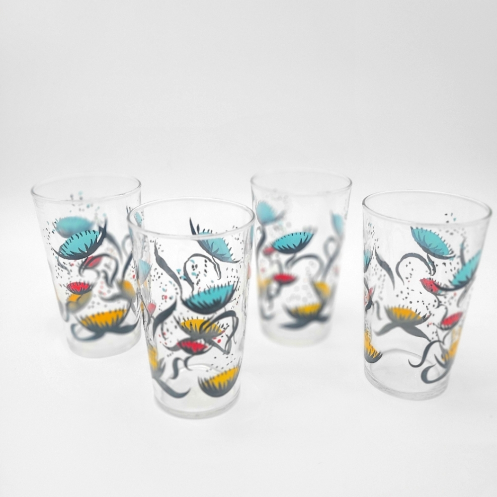 Vintage Federal Glass Danching Poppy Set of 4 Glasses